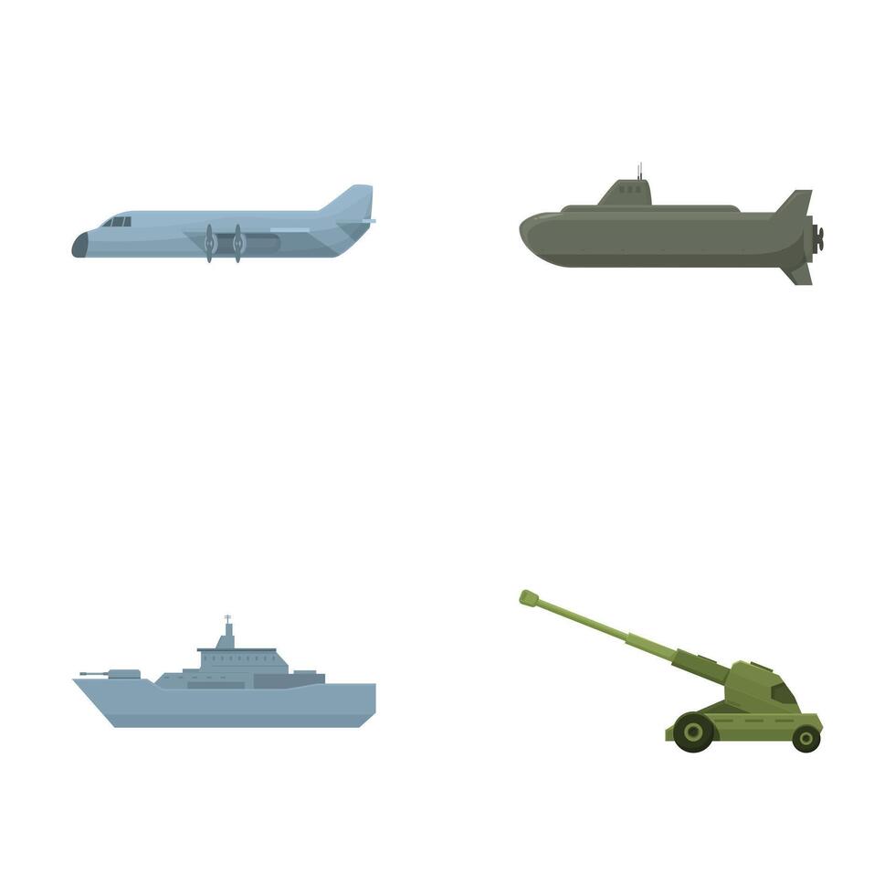 Collection of simple flat icons featuring various military vehicles vector