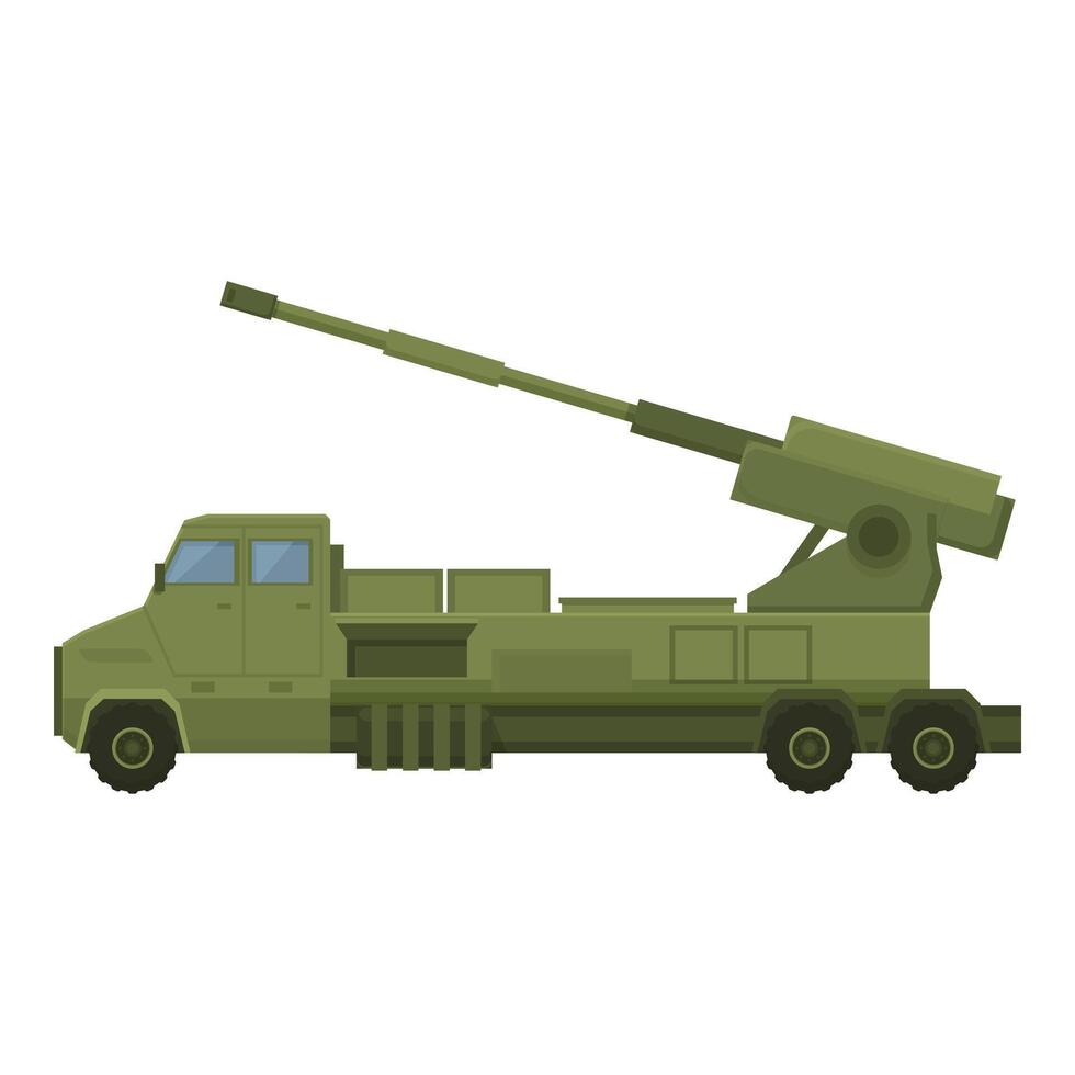 Powerful modern mobile artillery system with camouflaged green military truck chassis parked on white vector