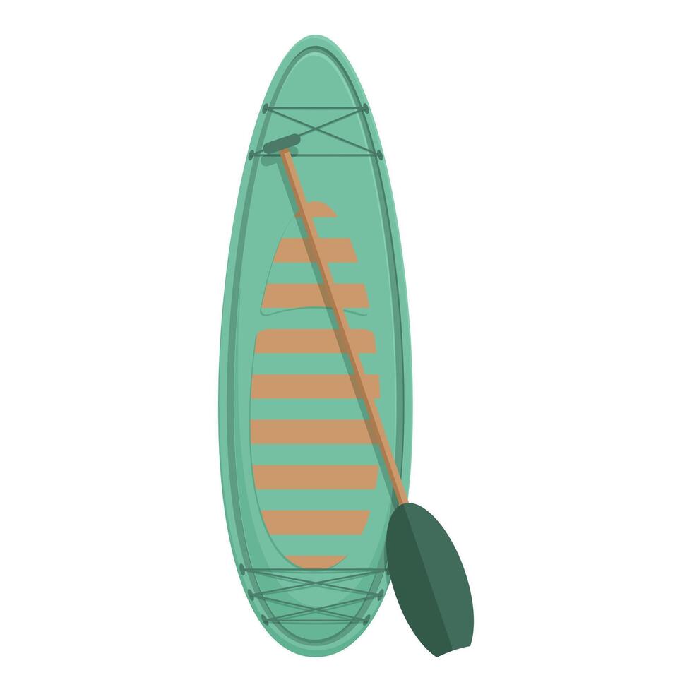 Green paddle board with wooden paddle is leaning against a wall vector
