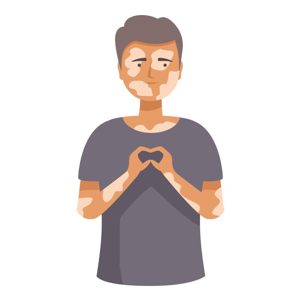 Young man with vitiligo making heart shape with his hands showing body positivity vector