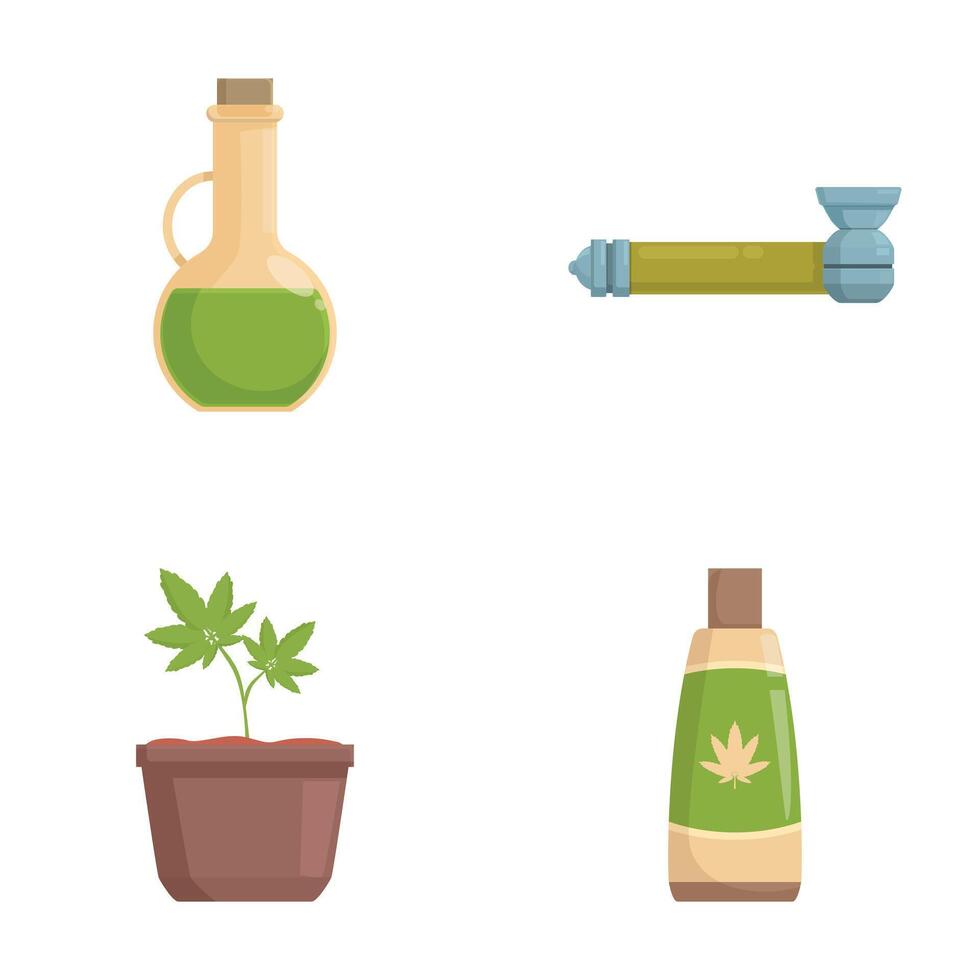 Collection of flat design icons featuring cannabisrelated items including an oil bottle, pipe, plant, and lotion vector