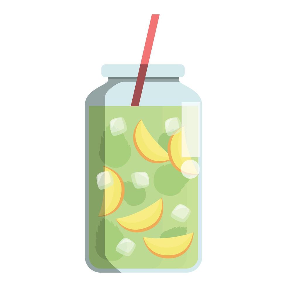 Refreshing summer drink with peach slices and ice cubes in a glass jar with a straw vector