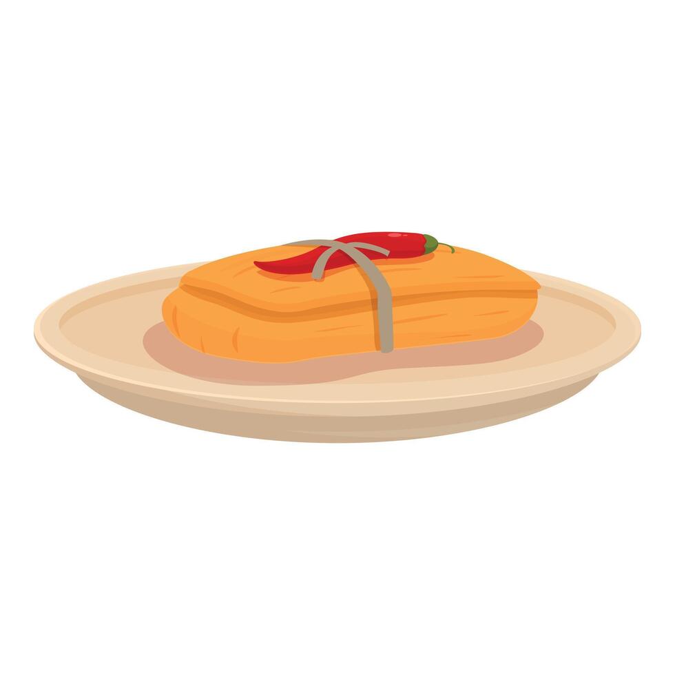 Steamed tamale on plate with chili pepper representing mexican cuisine vector