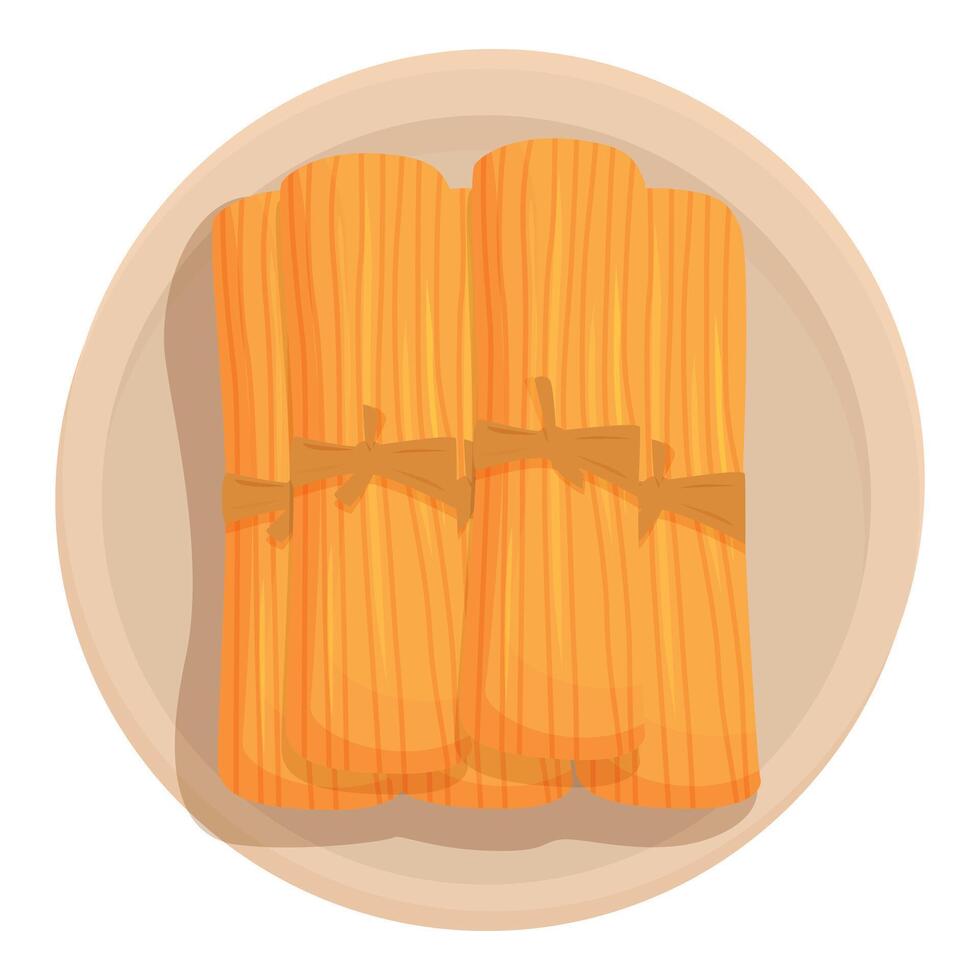 Delicious tamales tied with string lying on a round plate vector