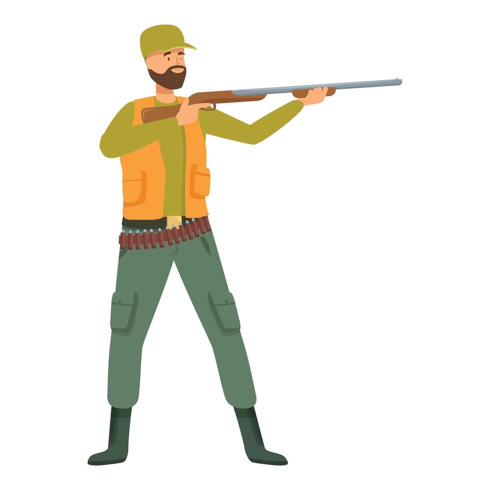Hunter aiming with rifle, wearing green and orange hunting clothes vector