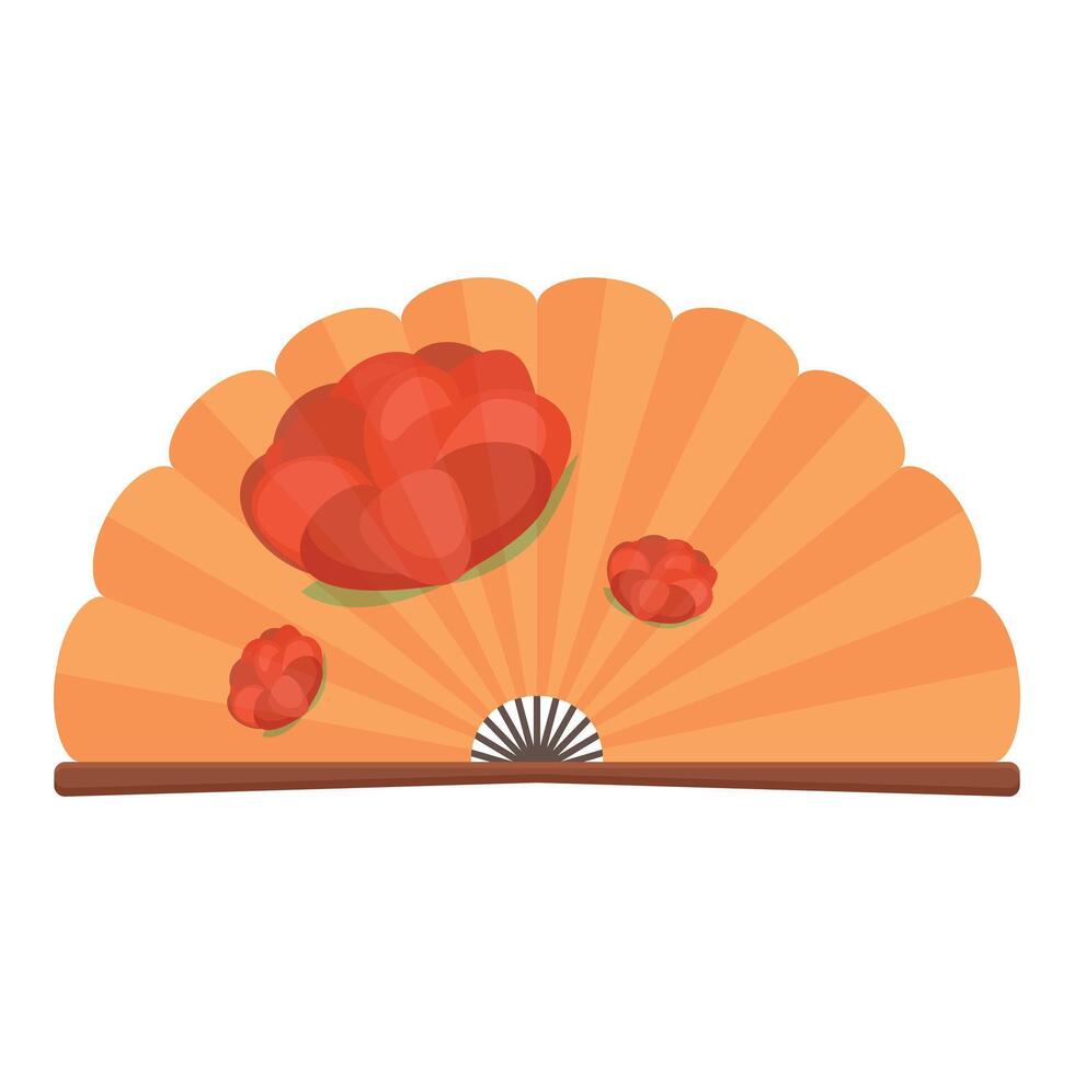 Orange hand fan decorated with red flowers and used for cooling down vector