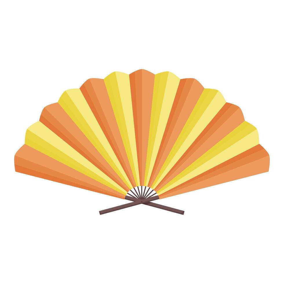 Handheld fan is folded and open, showing alternating orange and yellow colors vector