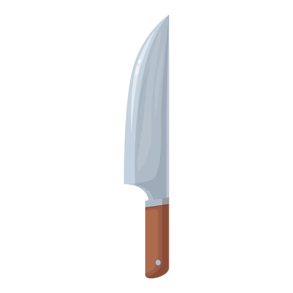 Large sharp kitchen knife with wooden handle pointing up isolated on white background vector