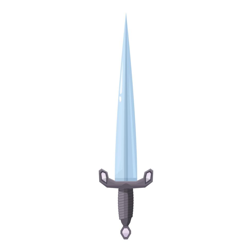 Cartoon style sharp metal sword with cross guard and decorated hilt pointing up vector