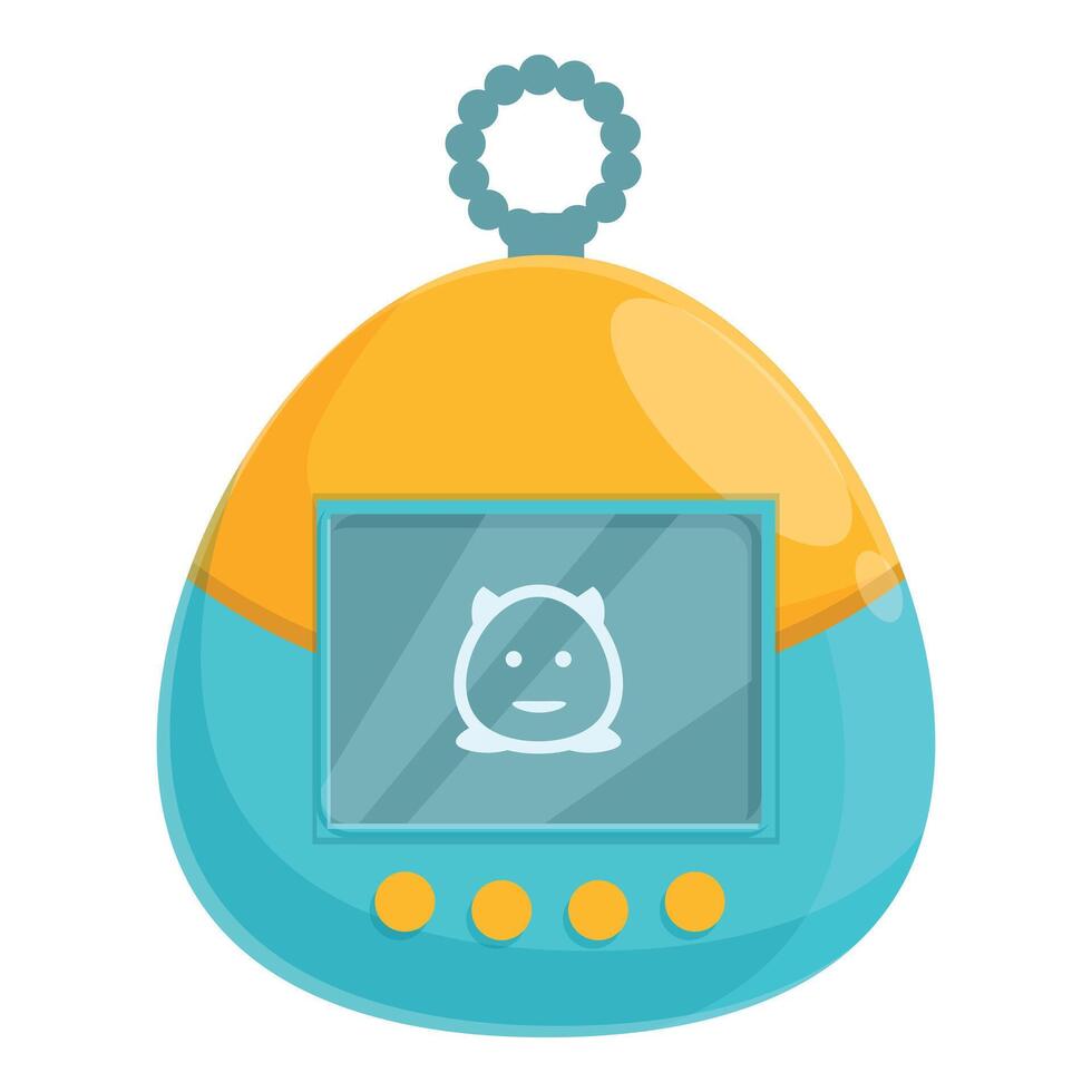 Blue and yellow tamagotchi showing smiling monster on screen with buttons below vector