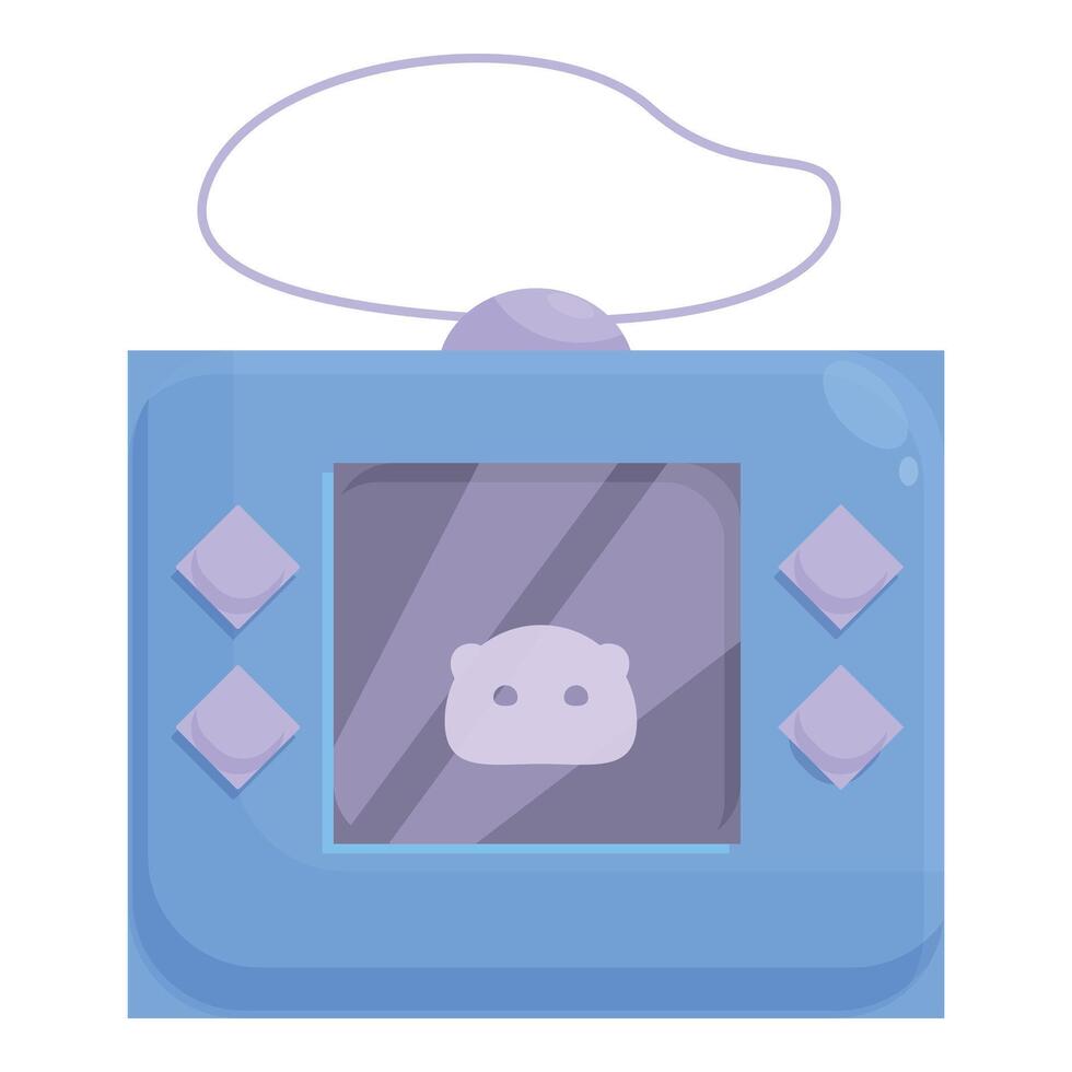 Blue tamagotchi toy showing digital pet on screen with buttons and strap vector