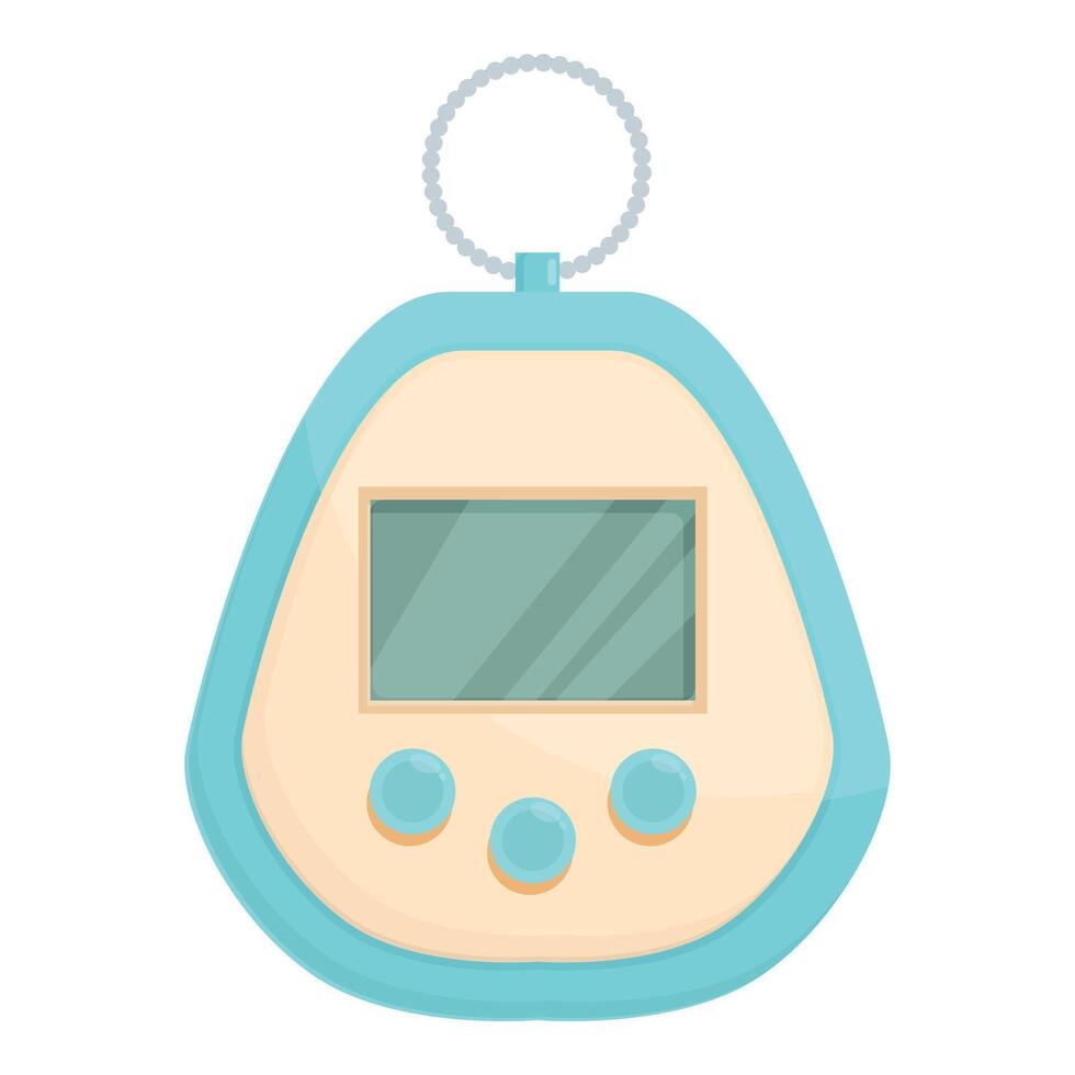 Blue and beige tamagotchi hanging from metal ring keychain vector