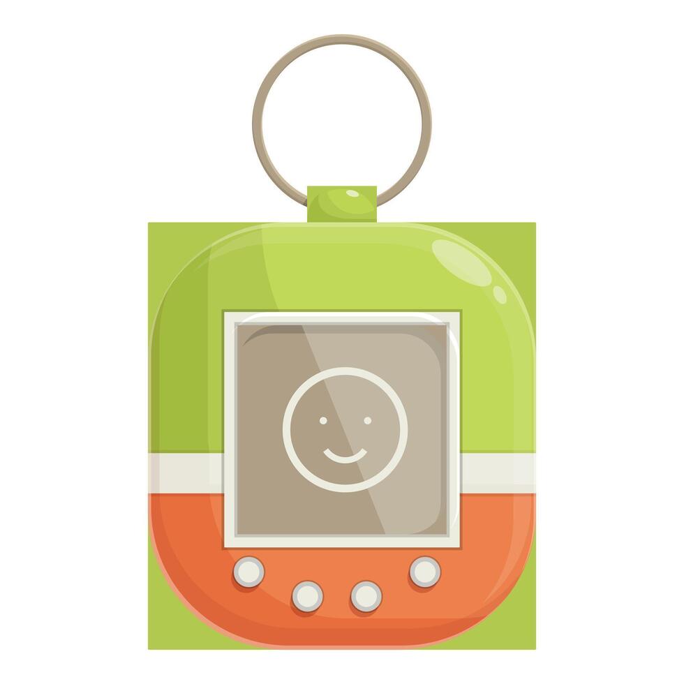 Green and orange tamagotchi toy with keychain featuring smiling face on digital screen vector
