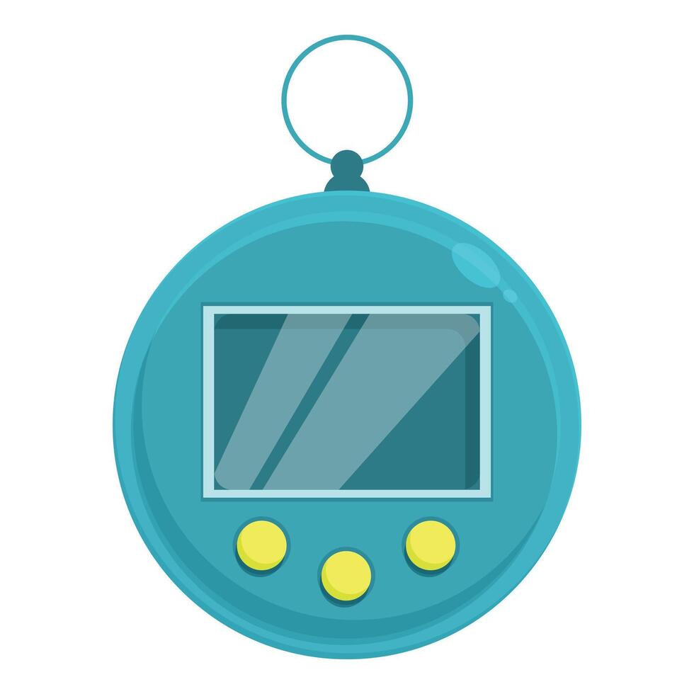 Blue tamagotchi toy hanging on keychain ring isolated on white background vector