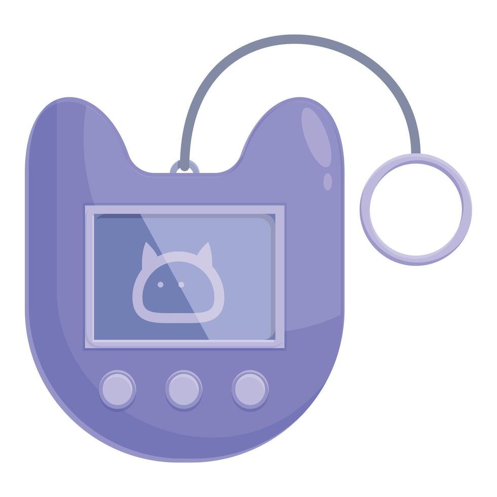 Purple tamagotchi toy with keychain showing virtual pet vector