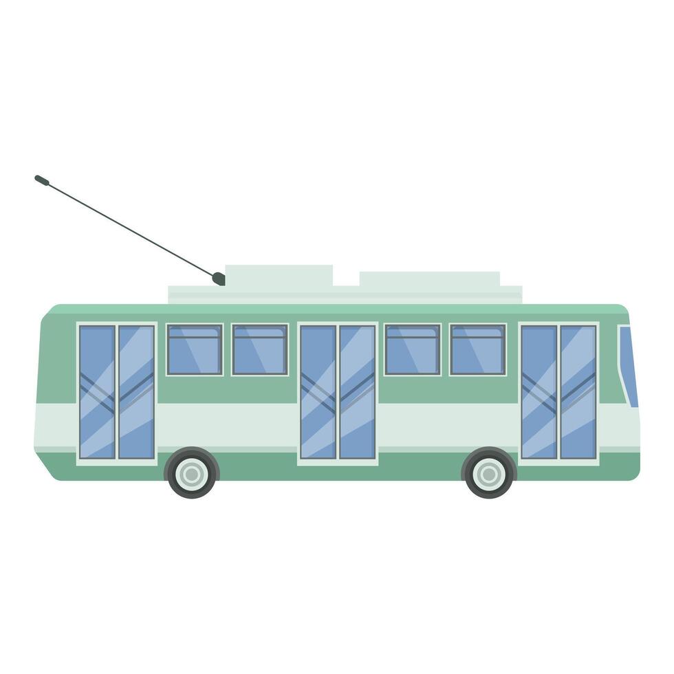 Green and white trolleybus moving in urban environment side view vector