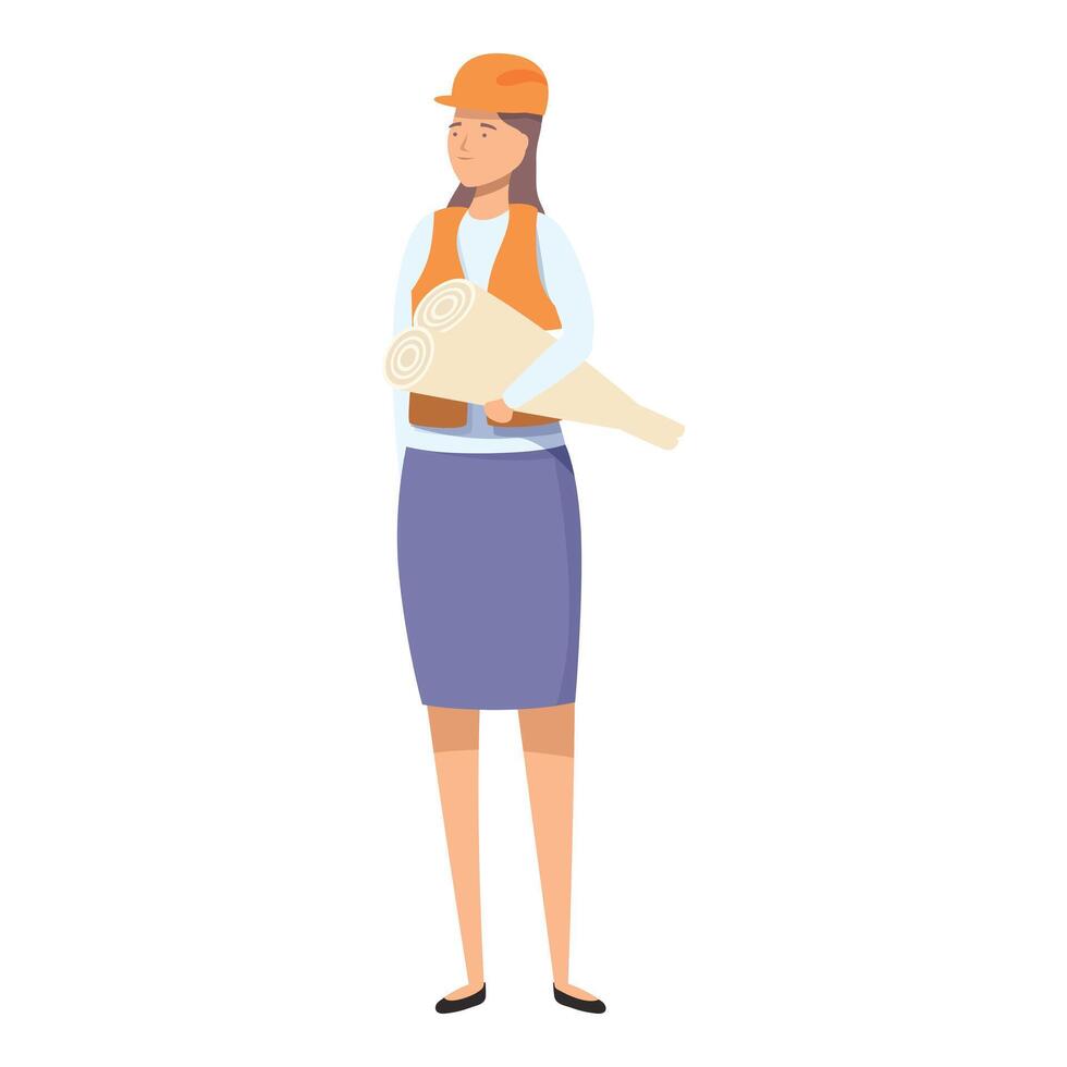 Confident female architect holding blueprints wearing hard hat and safety vest vector
