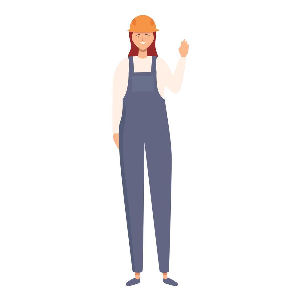 Smiling female construction worker wearing overalls and hard hat waving hand vector