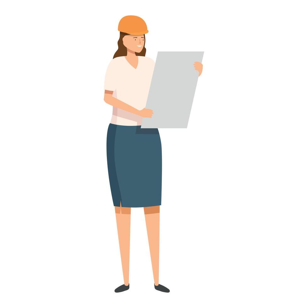 Confident female architect is reviewing blueprints on a construction site vector