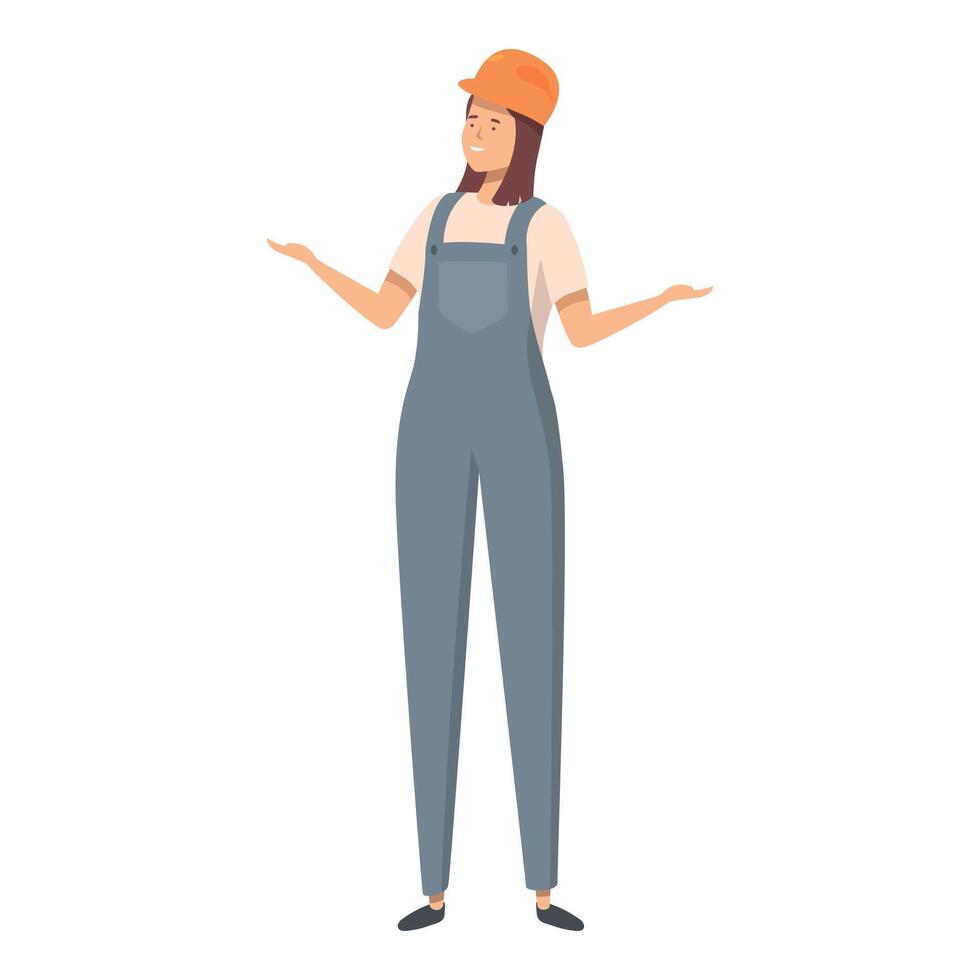 Construction worker is gesturing with open hands to present something vector