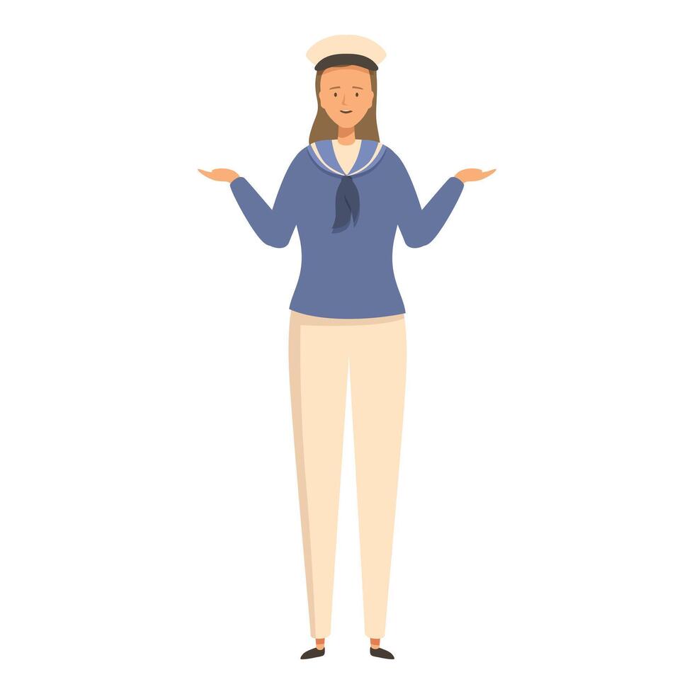 Female sailor character wearing uniform standing and shrugging vector
