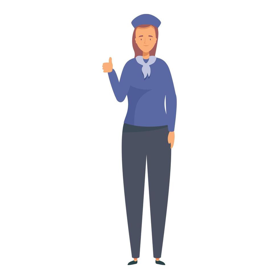 Female stewardess in blue uniform showing thumb up gesture vector