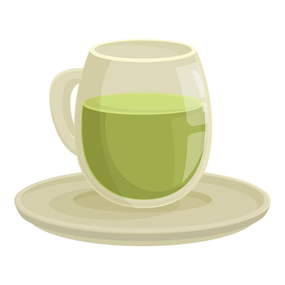 Glass cup full of green matcha tea standing on a saucer vector