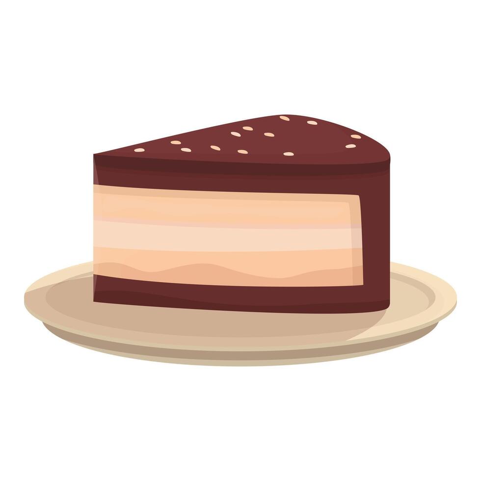 Delicious chocolate cake slice with filling on a plate vector