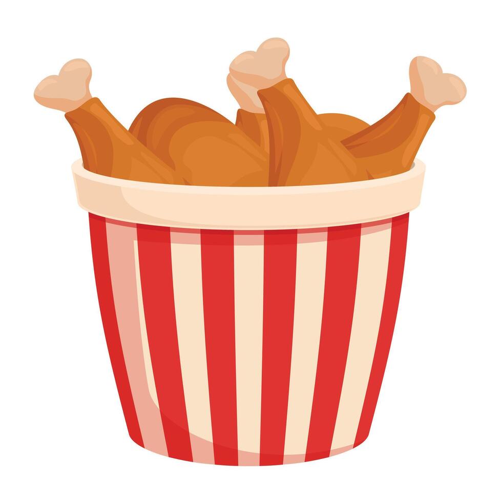 Three crispy fried chicken legs in red and white striped bucket vector