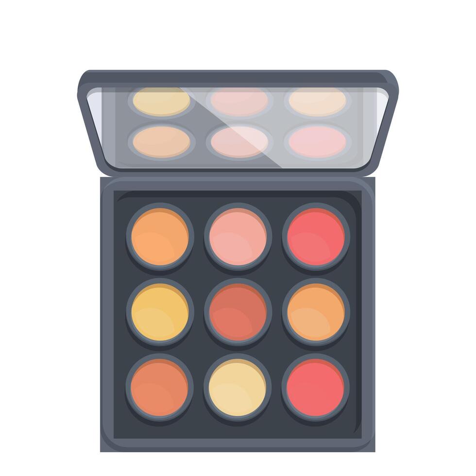 Open makeup palette showing colorful cosmetic products for beauty routine vector