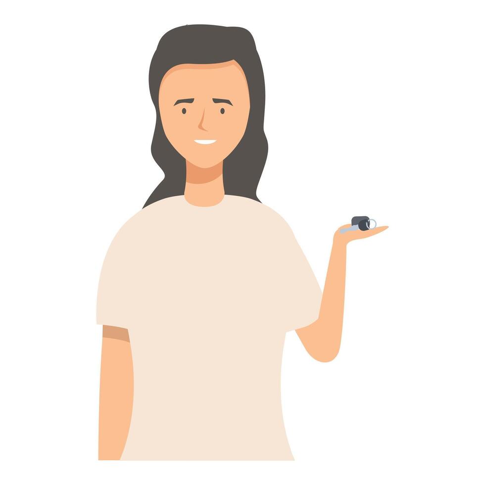 Happy woman holding new car key smiling at dealership vector