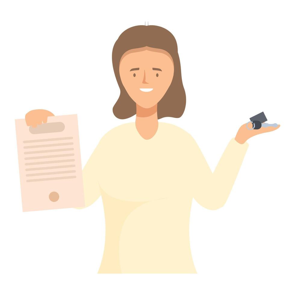 Saleswoman is holding a car key and a contract vector