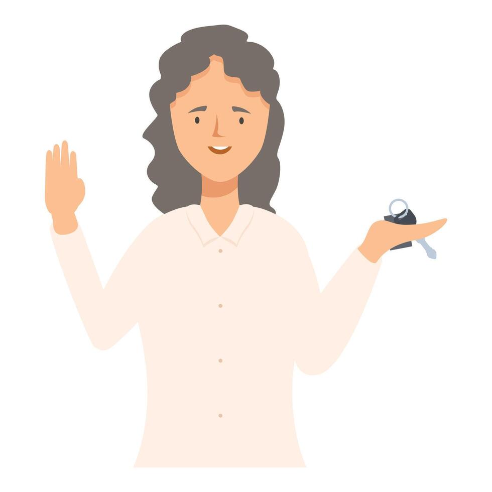 Happy woman holding new car key smiling and waving vector