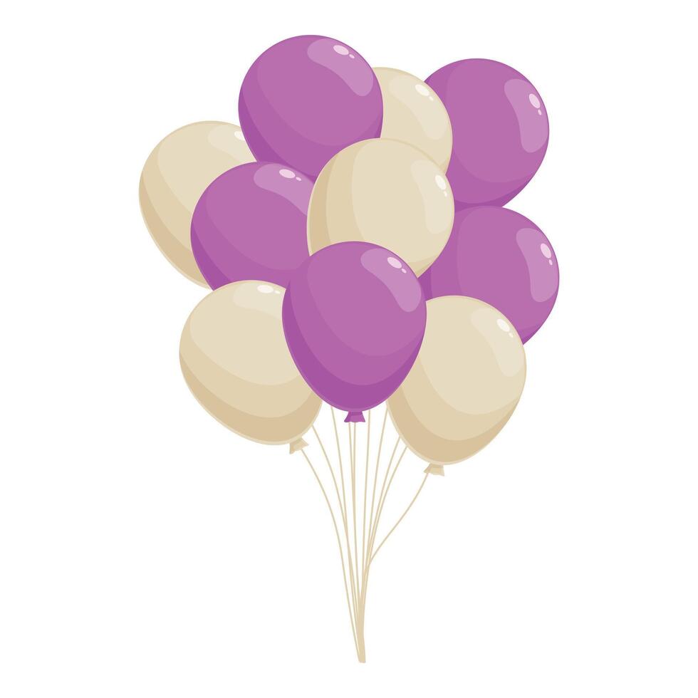 Bunch of purple and beige helium balloons floating with strings tied together vector
