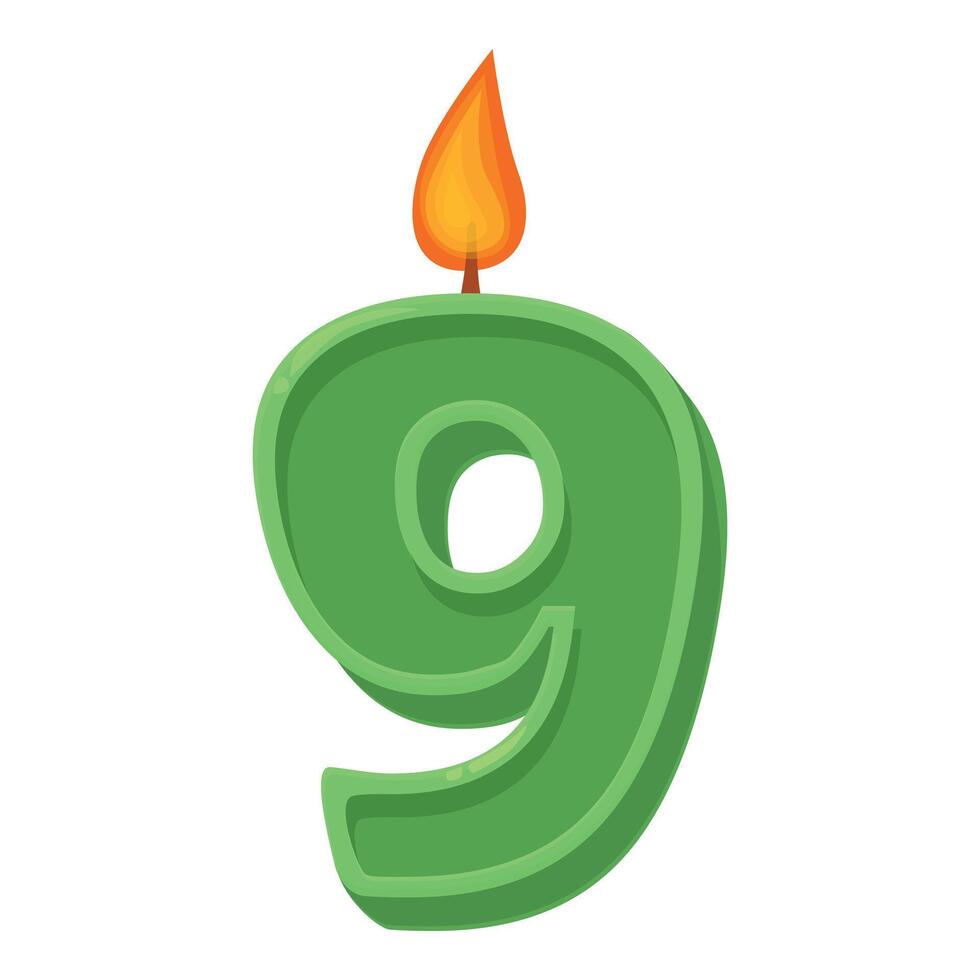 Green number nine birthday candle burning with a flame vector