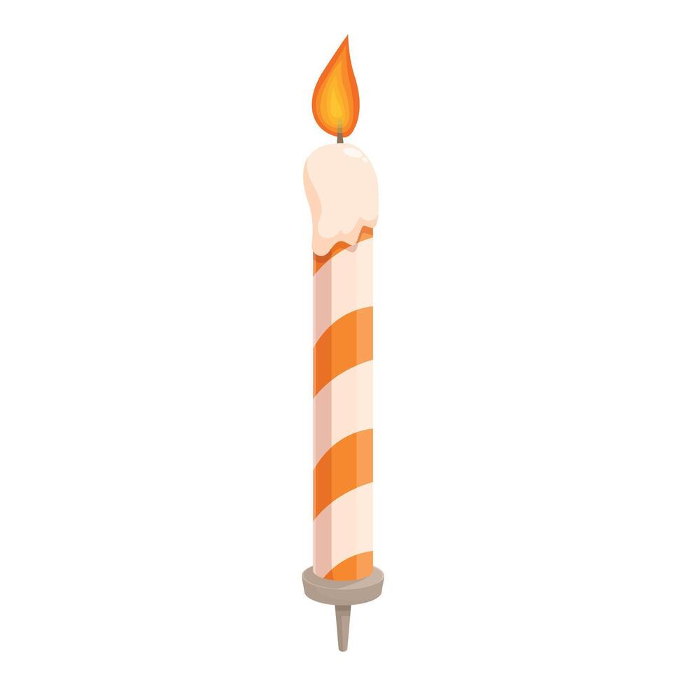 Tall orange and white striped birthday candle burning brightly with melting wax vector