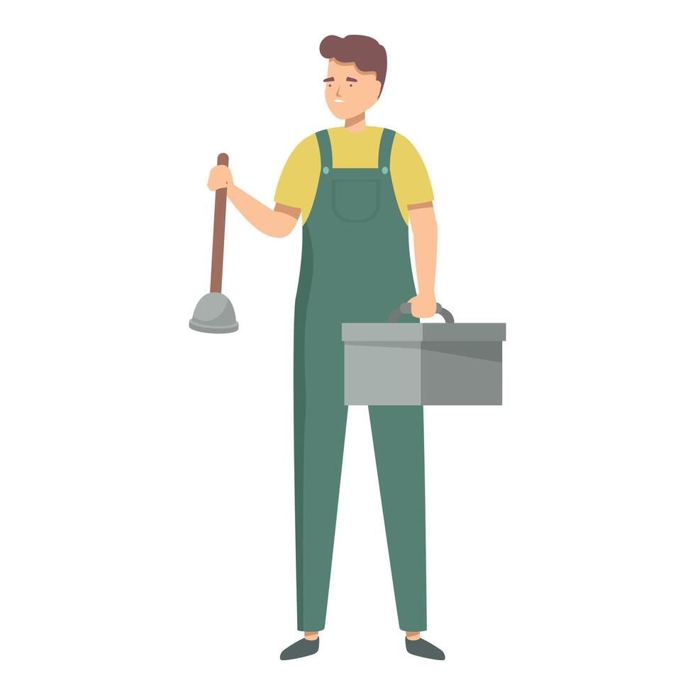 Young plumber holding plunger and toolbox getting ready to work vector