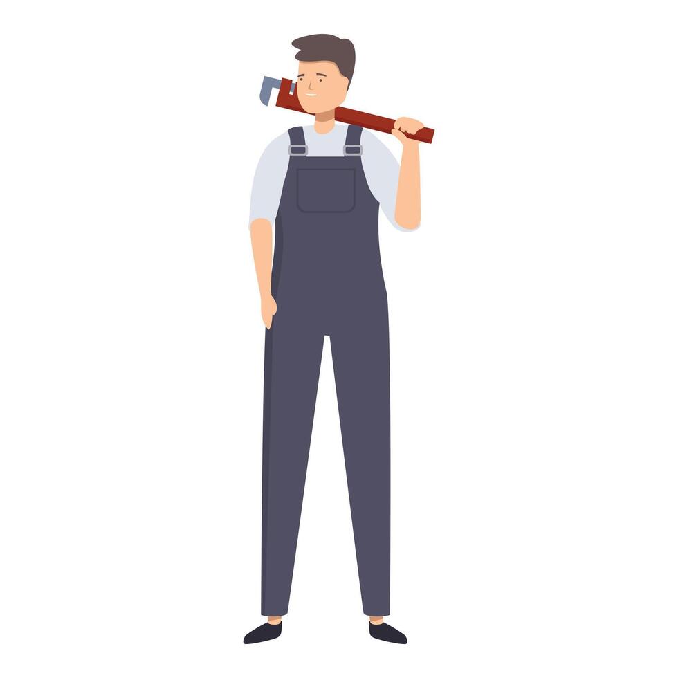 Young plumber holding a pipe wrench on his shoulder smiling at the camera vector