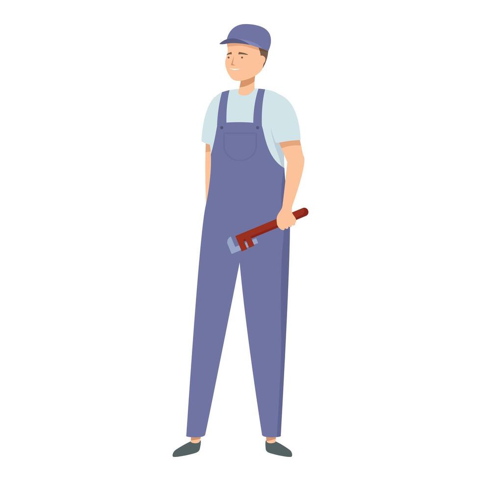 Plumber is holding a pipe wrench and is ready to start working vector