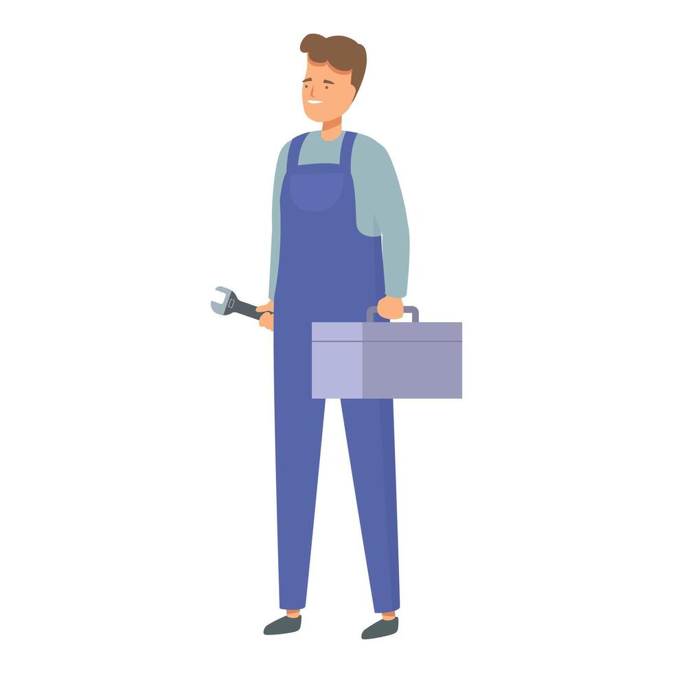 Smiling repairman holding a wrench and a toolbox is ready to work vector