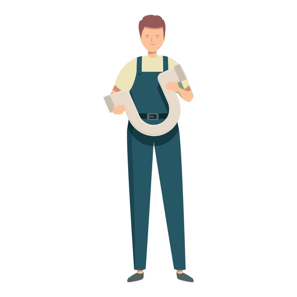 Plumber is holding a plumbing pipe bend, ready to install it vector