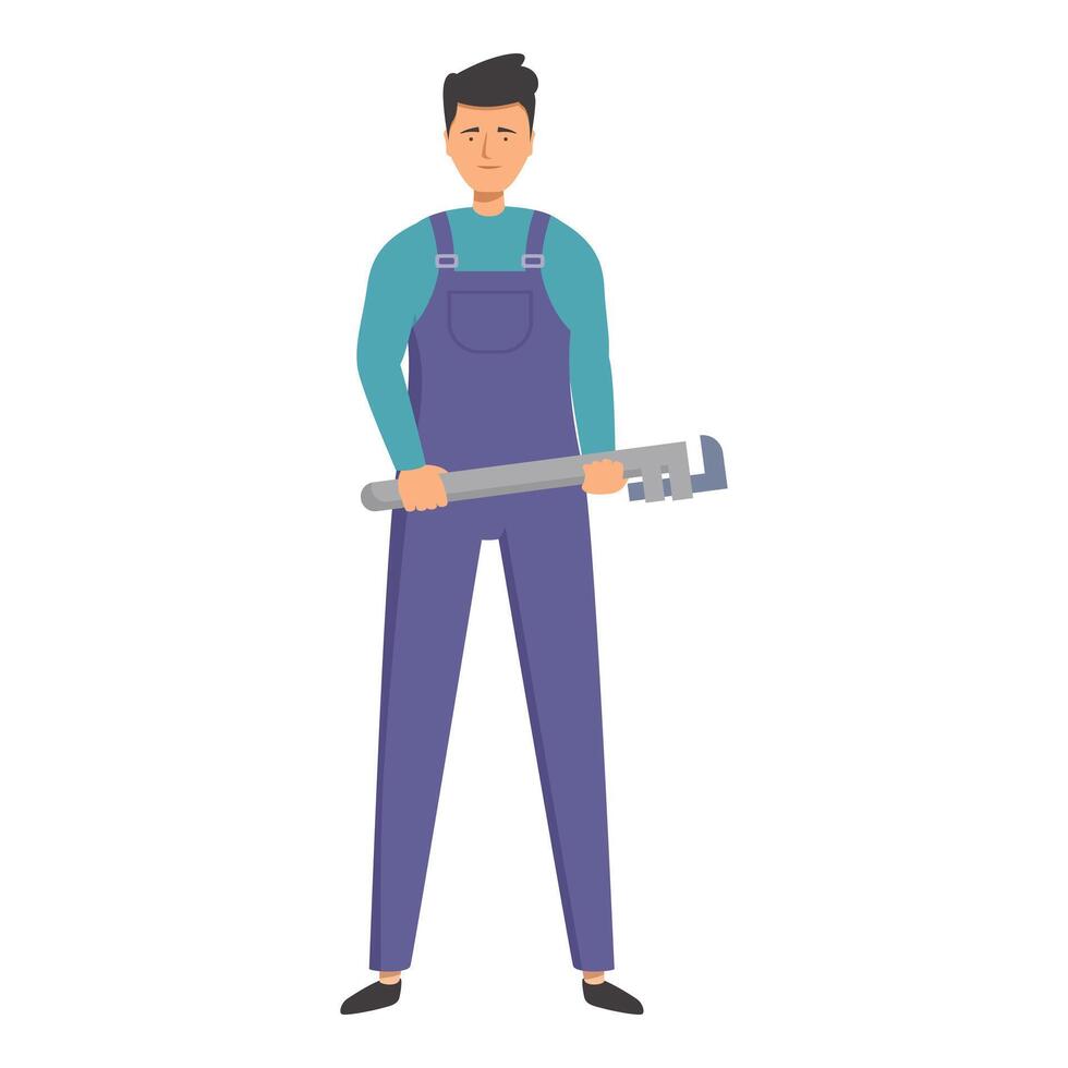 Confident plumber holding a large pipe wrench in workwear vector