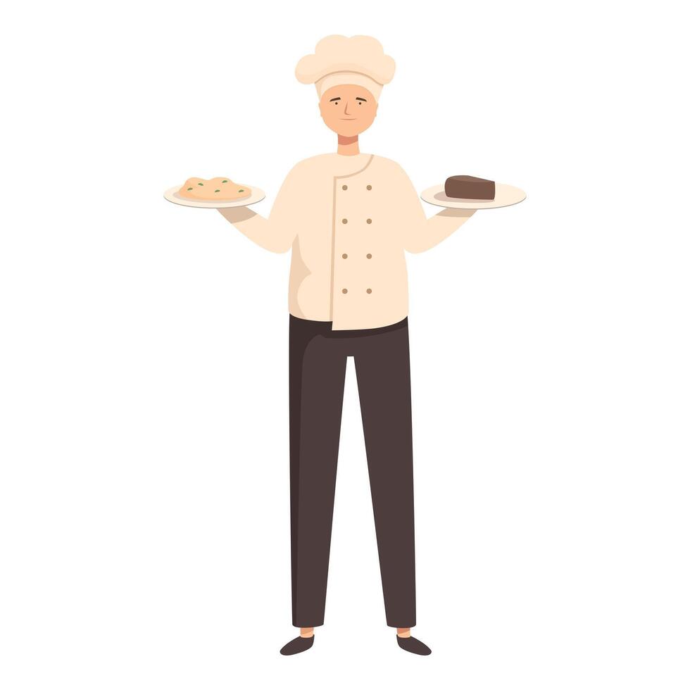 Confident chef is holding plates, showcasing culinary creations with expertise vector