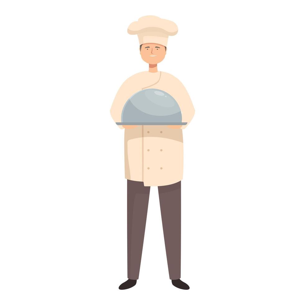 Smiling confident chef holding a covered restaurant cloche platter vector