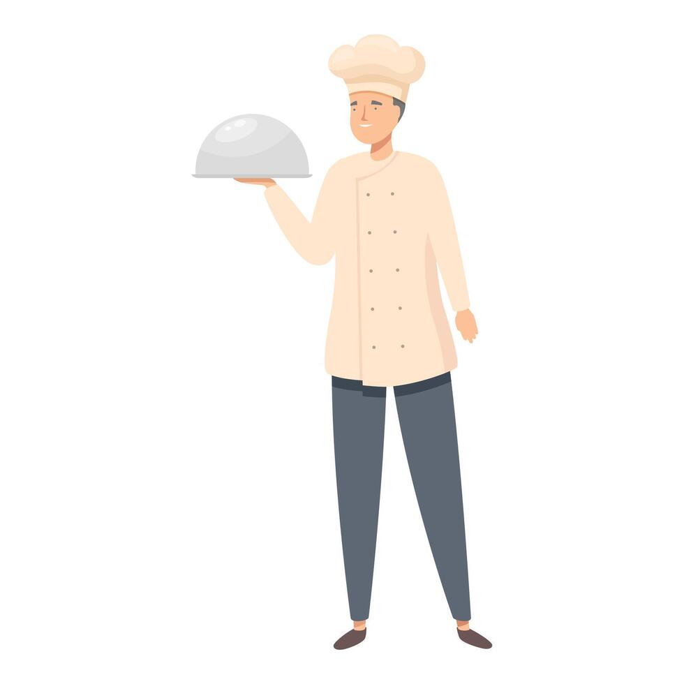 Friendly chef is holding a silver cloche, ready to serve a delicious meal vector