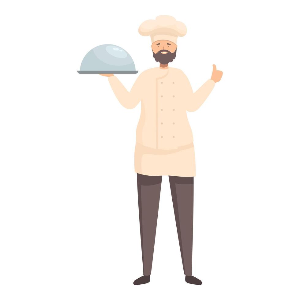 Confident chef holding a covered plate and showing thumb up vector