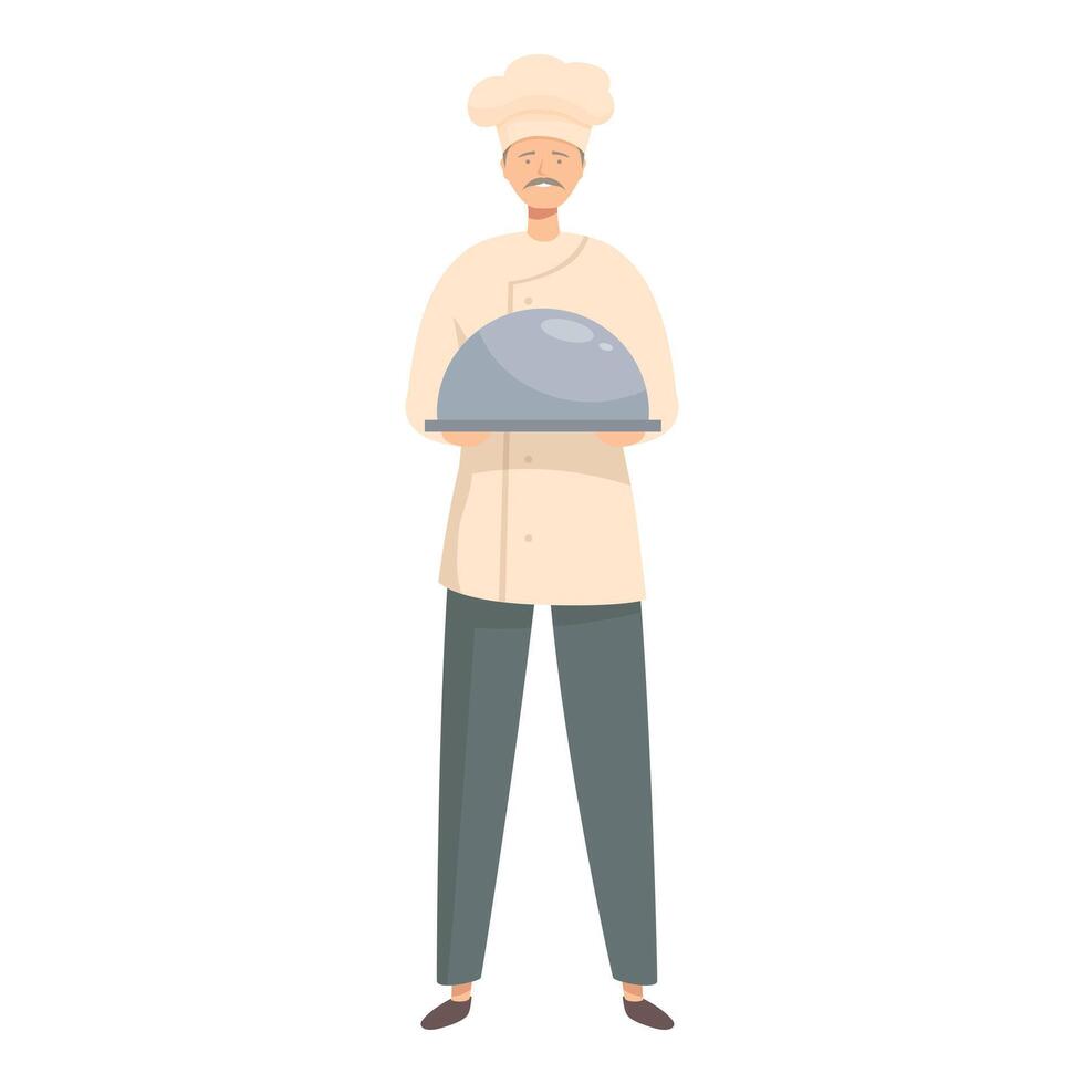 Professional chef holding a covered restaurant serving tray platter vector