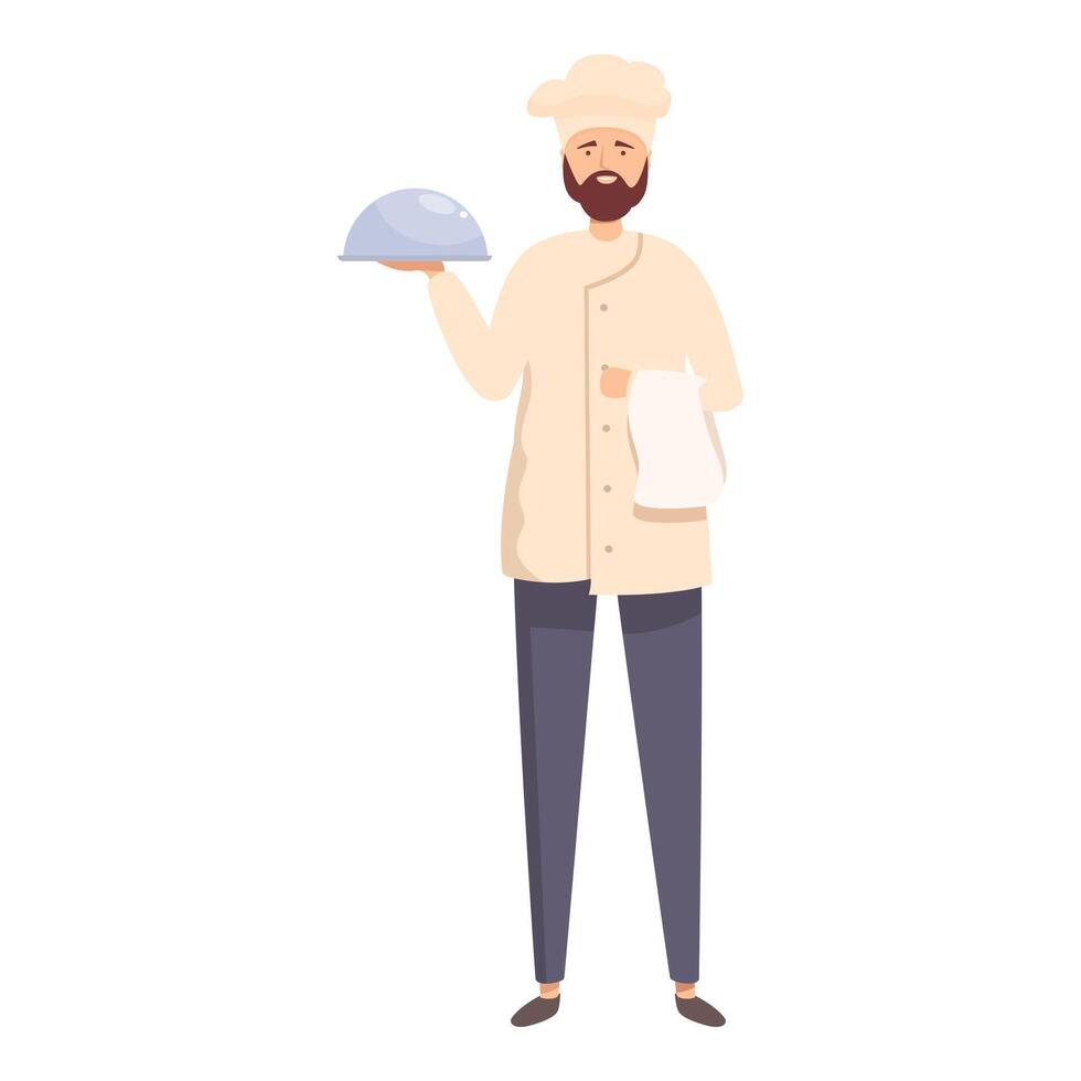 Friendly chef is holding a covered serving tray and a cloth napkin vector