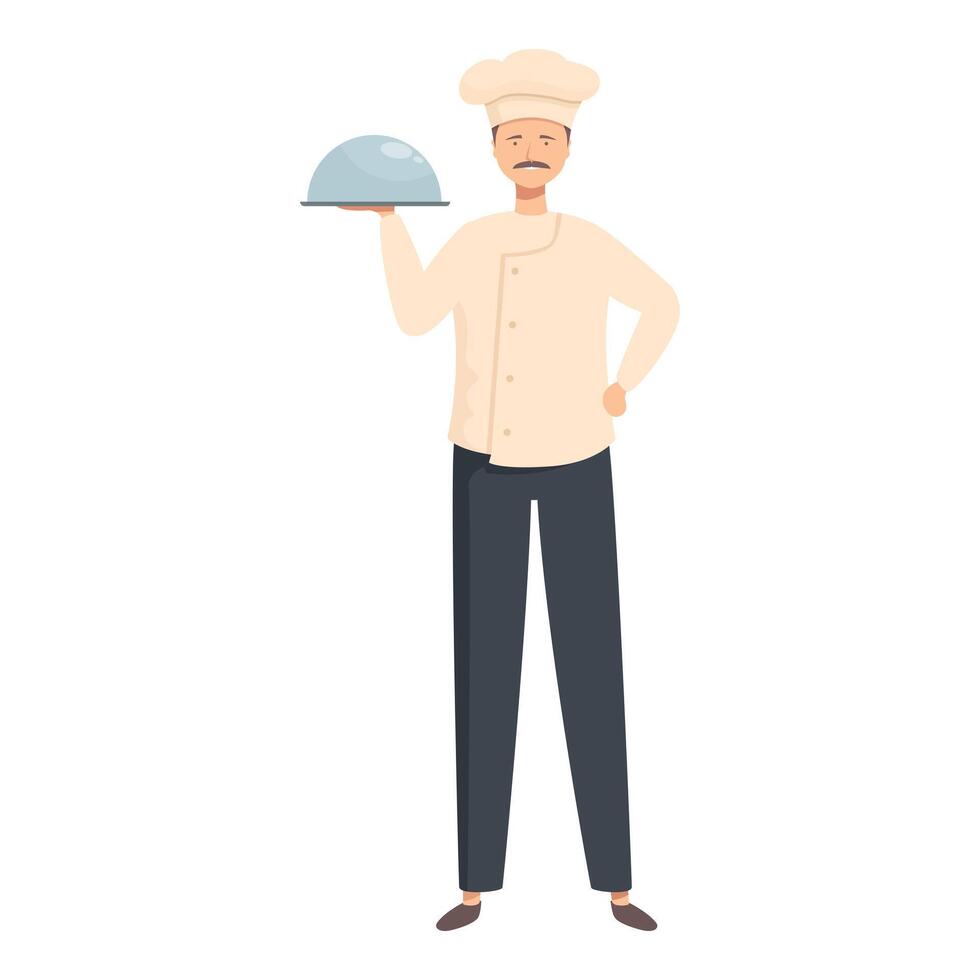Professional chef is holding a covered plate, ready to serve a dish vector