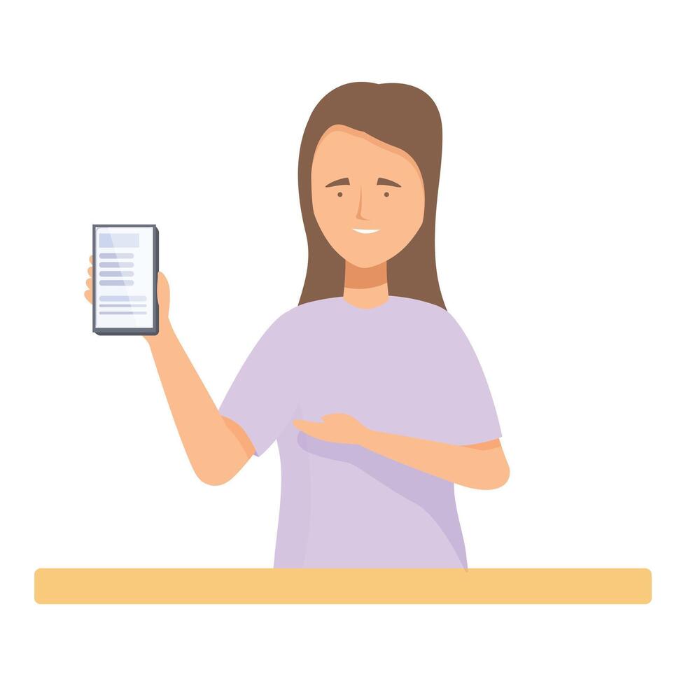 Woman presenting mobile phone application interface sitting at desk vector
